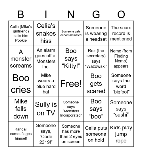 Monsters Inc Bingo Card