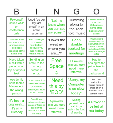 Provider Advocate Bingo Card