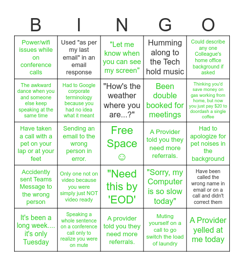 Provider Advocate Bingo Card