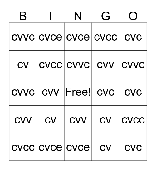Phonics Bingo Card