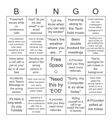 Provider Advocate Bingo Card