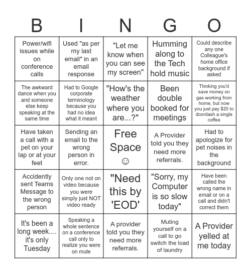 Provider Advocate Bingo Card