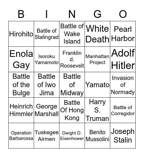 World War Two Bingo Card
