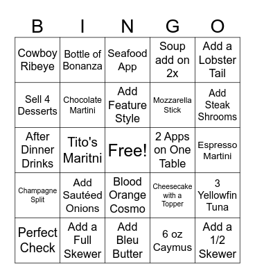 Chop House Bingo Card