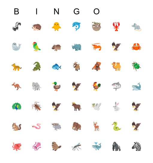 Emoji Animal 123 Bingo Card