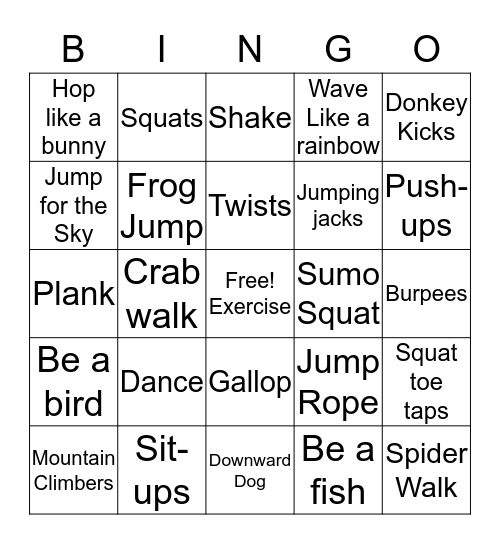 Fitness Bingo Card