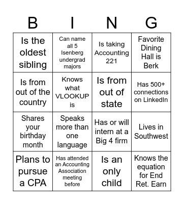 Accounting Association Icebreaker Bingo Card