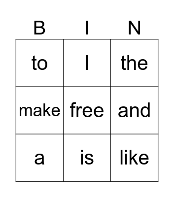 Sight Words Bingo Card