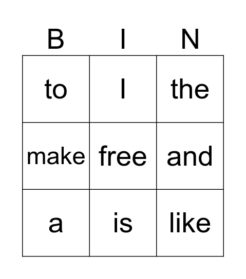 Sight Words Bingo Card