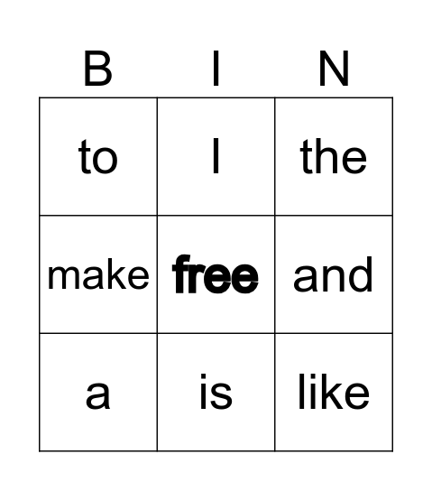 Sight Words Bingo Card