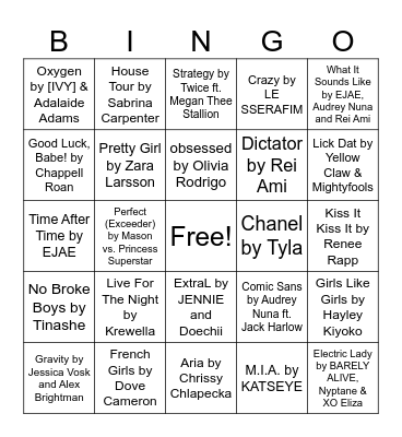 Amy’s Musical Bingo Card