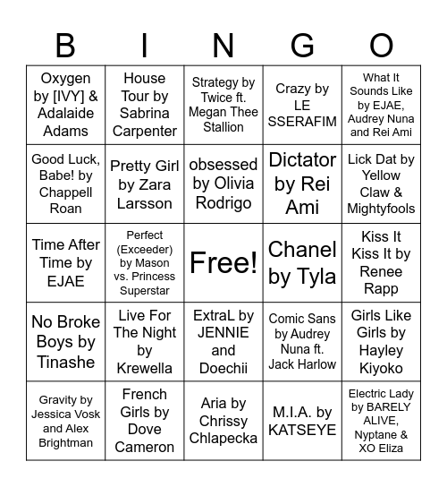Amy’s Musical Bingo Card