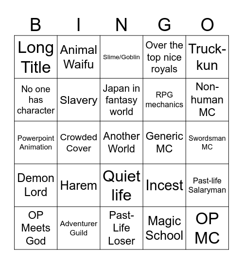 Isekai Bingo Card