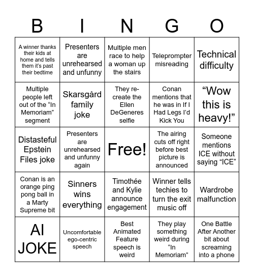 2026 OSCARS BINGO Card