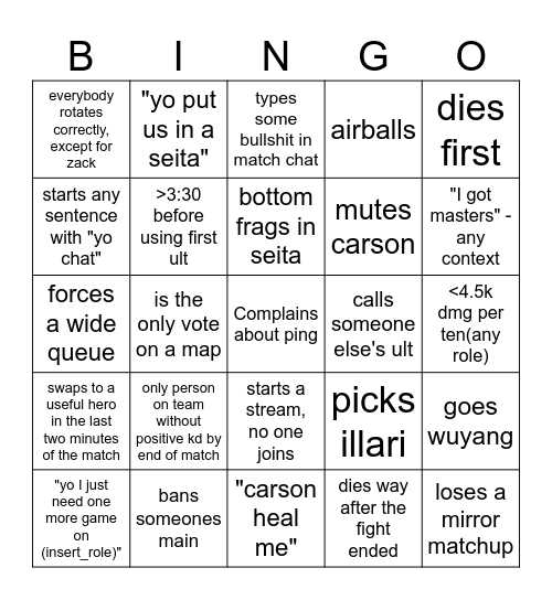 Zack Overwatch Bingo Card