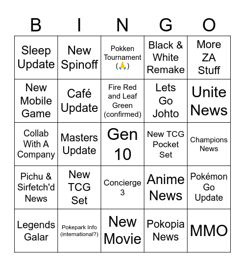 Pokémon Day Predictions Bingo Card