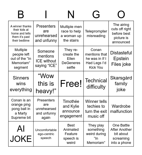 2026 OSCARS BINGO Card