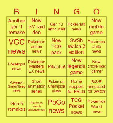 Pokemon Direct Bingo Card