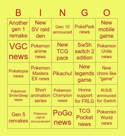 Pokemon Direct Bingo Card