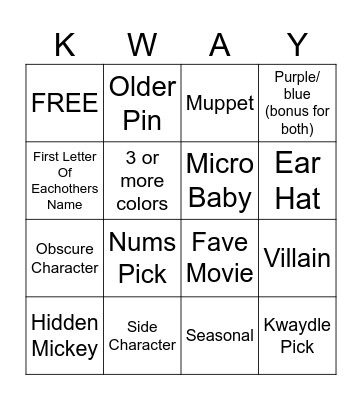 Disney Pin Bingo Card