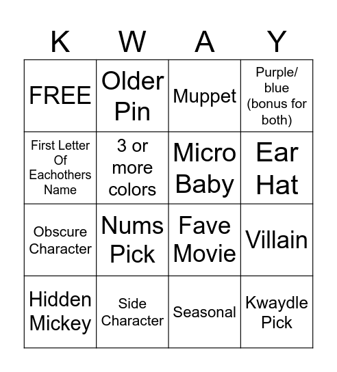 Disney Pin Bingo Card