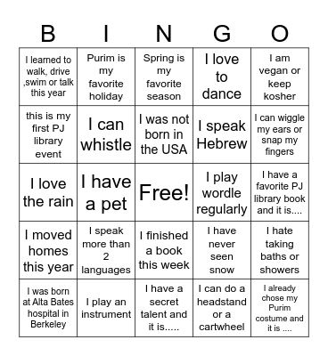 Adar Friends Bingo Card