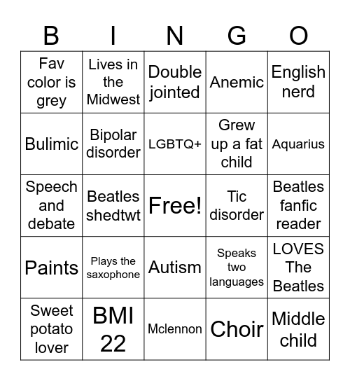 Rue’s bingo Card