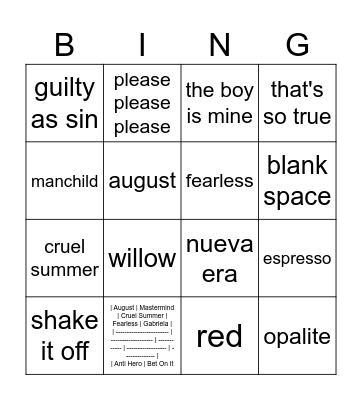 Lorelai Gilmore Bingo Card
