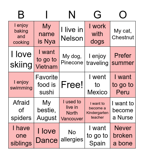 About me Bingo Card