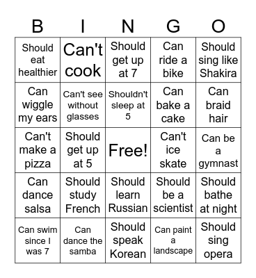 Modal verbs Bingo Card