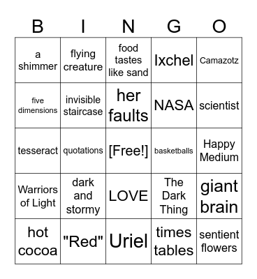 Wrinkle in Time Bingo Card