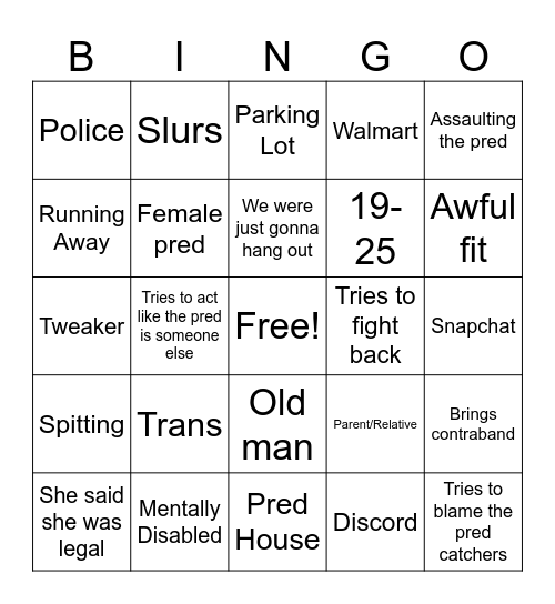 Pred Catcher Bingo Card