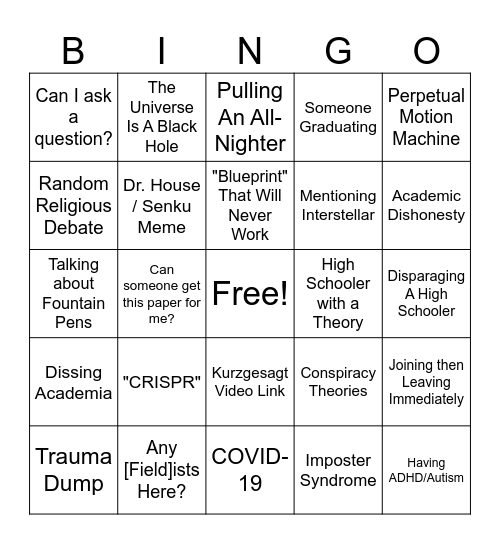 Science Discord Bingo Card