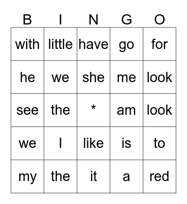 sight words Bingo Card