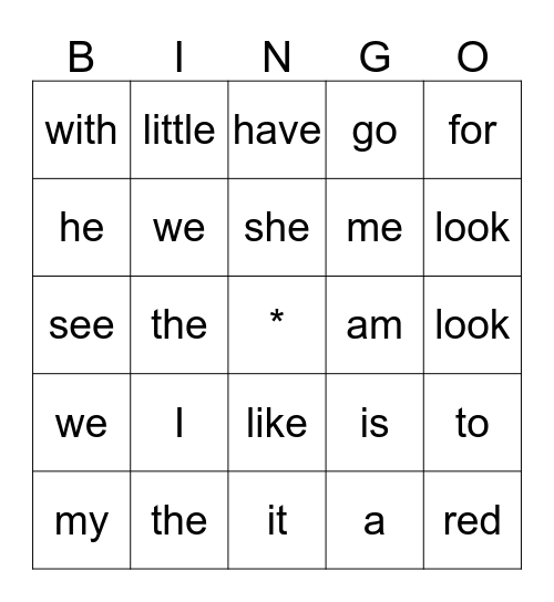 sight words Bingo Card