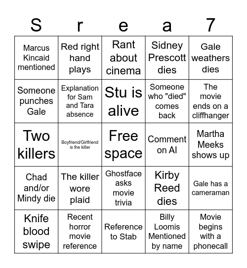 Scream 7 Bingo card Bingo Card