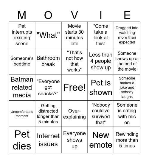 Movie Theater Bingo Card