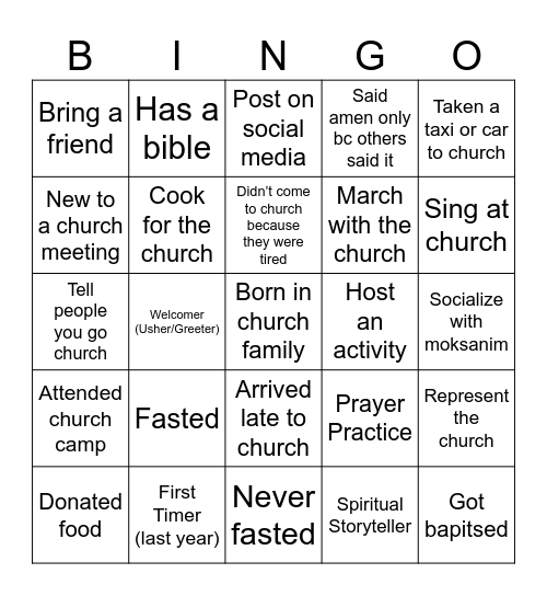 Church Bingo Card