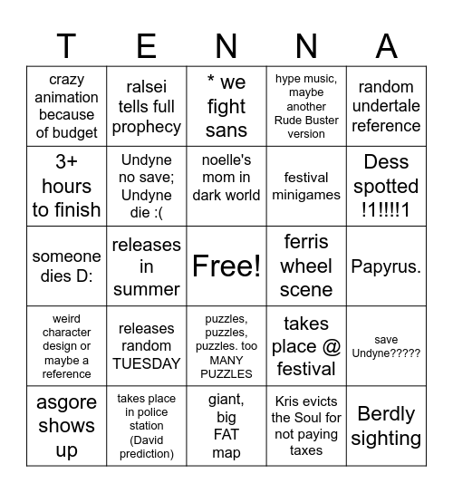 deltarune chptr 5 prediction board Bingo Card