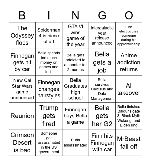 2026 Predictions Bingo Card