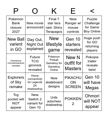 Pokemon Day Announcements Bingo Card