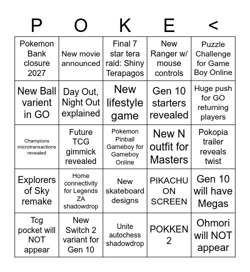 Pokemon Day Announcements Bingo Card