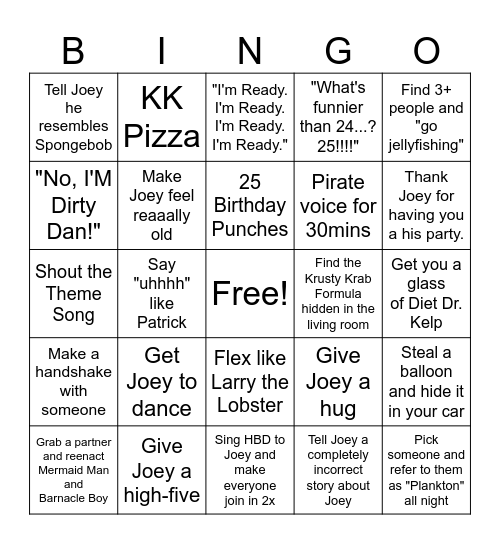 Joey's 25th Bikini Bottom Birthday Bash Bingo Card
