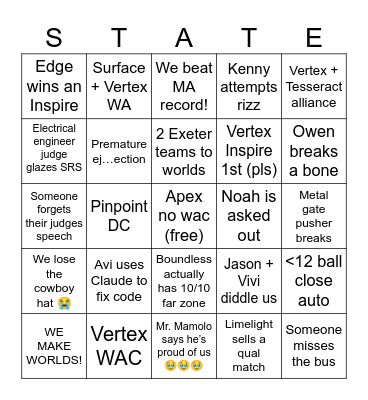 VTX DECODE States Bingo Card