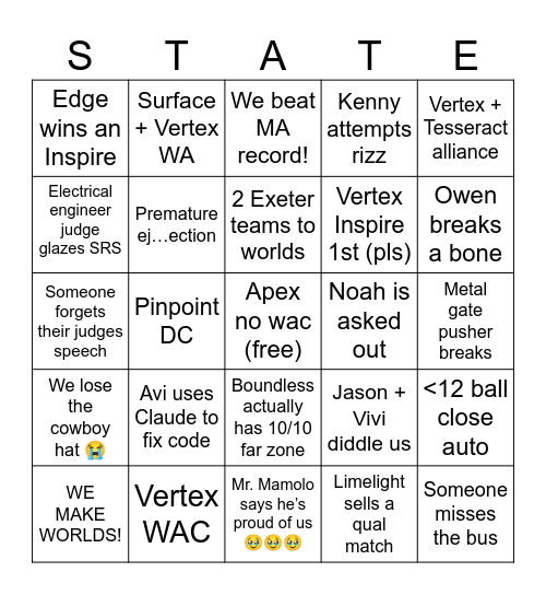 VTX DECODE States Bingo Card