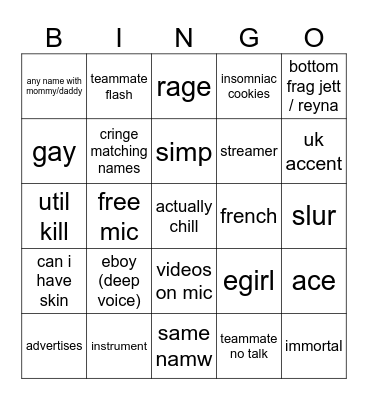 Valo Bingo Card