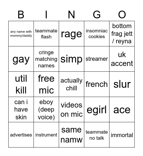 Valo Bingo Card