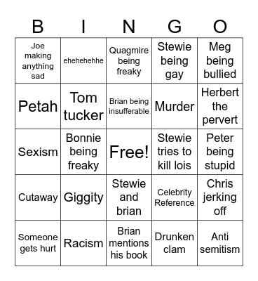 Family guy Bingo Card