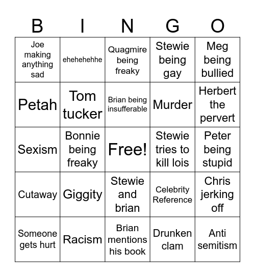 Family guy Bingo Card
