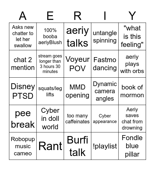 Aeriy Stream Bingo Card